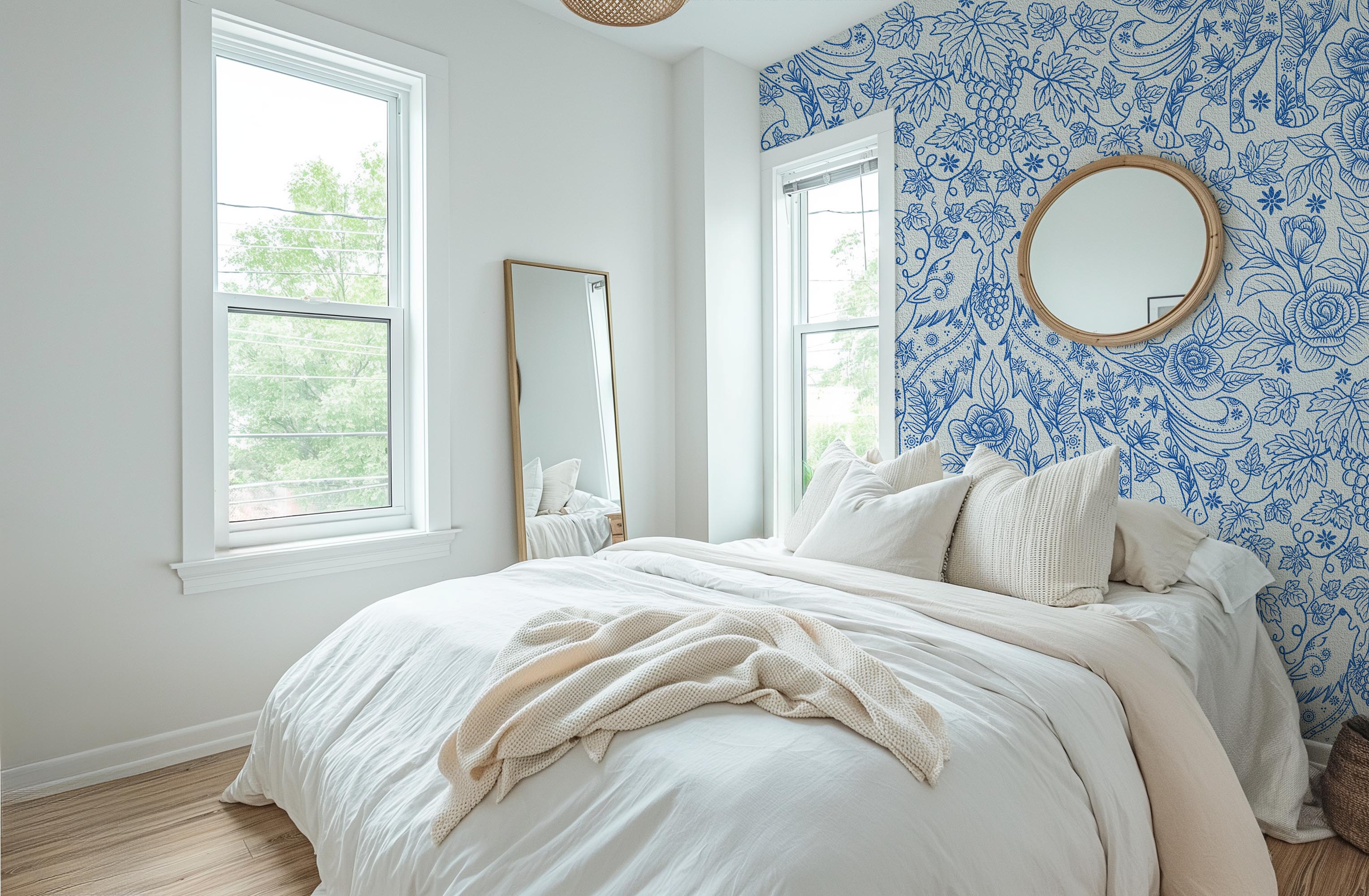 Wolf folk art wallpaper in bedroom